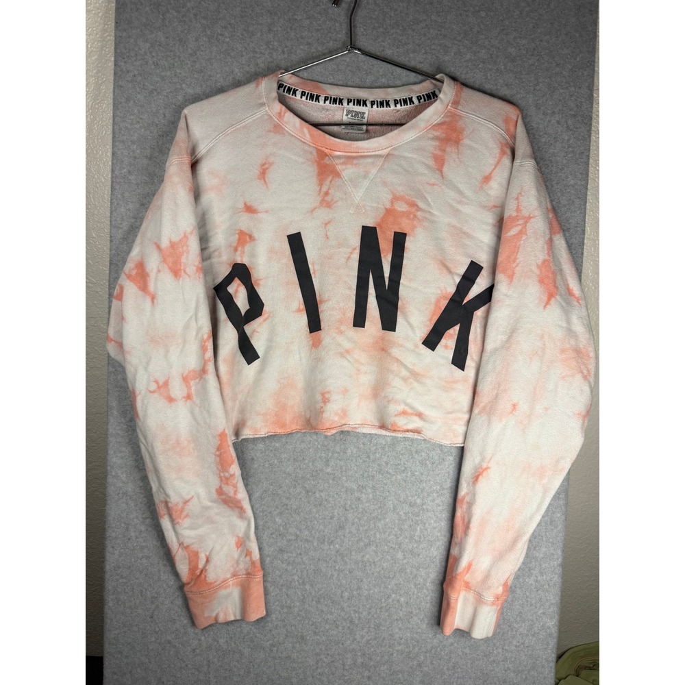 Victoria's Secret PINK Cropped Sweatshirt Orange Tie Dye Logo Pullover Medium